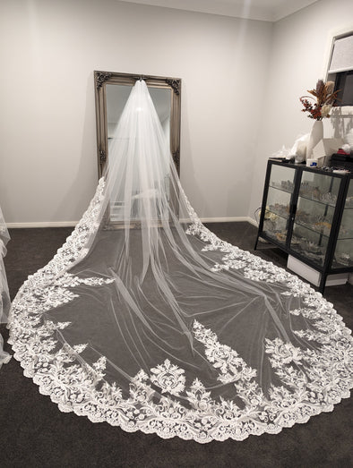 OLGA - Lace Wedding Veil, Royal Cathedral Length Wedding Veil, Detailed Floral Lace Bridal Veil