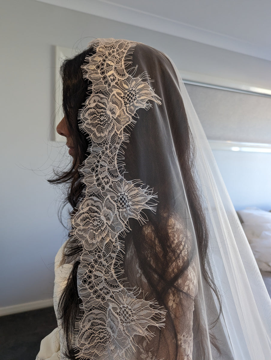 Alencon French Lace Mantilla Wedding Veil | Cathedral Bridal 
