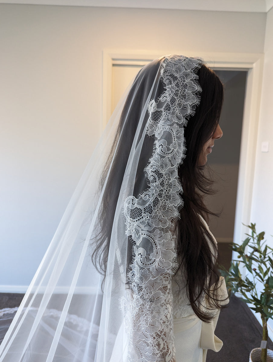 Alencon French Lace Mantilla Wedding Veil | Cathedral Bridal  display picture 1