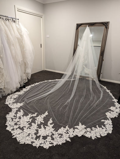 Opulent Two-Tier Floral Lace Veil Adorned with Subtle Clear Sequins - The LILY Masterpiece