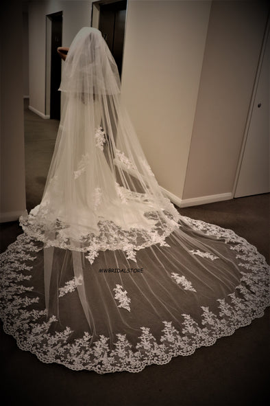 SANDY - Cathedral length Wedding Veil, Two Tier Floral lace Wedding Veil