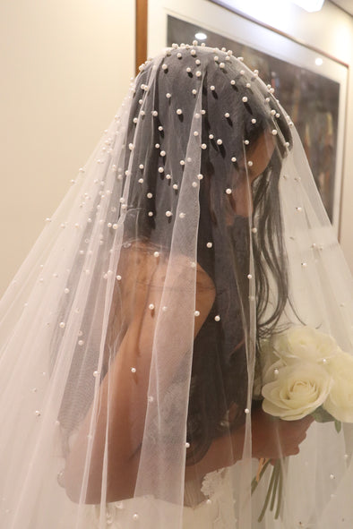DESIREE - Wedding Veil with Scattered Pearls, Pearl Embellished Drop Cathedral Veil, Ivory/ White Cathedral Wedding Veil, Pearl Wedding Veil, Bridal Veil, Long Wedding Veil