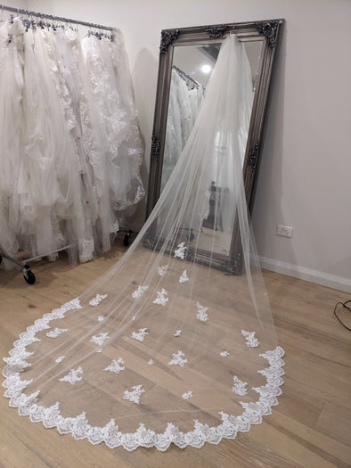 BRITT - Ivory/White Cathedral Length Veil, Floor Length Wedding Veil, Floral Lace wedding Veil