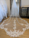 CECILIA - Scalloped Lace Wedding Veil, Royal Cathedral Length Wedding Veil, Two Tier Floral Lace Veil with Clear sequins, Sequined Lace Veil, Cathedral lace Veil