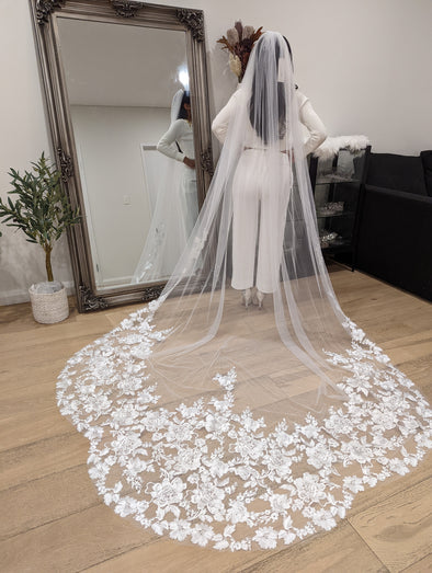 FRANCESCA - Scalloped Lace Wedding Cathedral Veil, Royal Cathedral Length Wedding Veil, Two Tier Floral Lace Veil with Clear sequins, Sequined Lace Veil