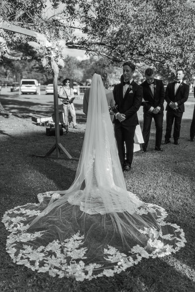 MADENA - Scalloped Lace Wedding Cathedral Veil, Royal Cathedral Length Wedding Veil, Two Tier Floral Lace Veil with Clear sequins, Sequined Lace Veil, Cathedral lace Veil