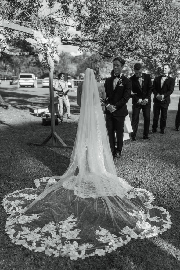 MADENA - Scalloped Lace Wedding Cathedral Veil, Royal Cathedral Length Wedding Veil, Two Tier Floral Lace Veil with Clear sequins, Sequined Lace Veil, Cathedral lace Veil