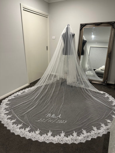Gemma Mantilla Lace Wedding Veil – Custom Embroidered Text | Cathedral Lace Bridal Veil