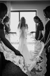 Close-up of lace edging on a vintage-inspired mantilla veil