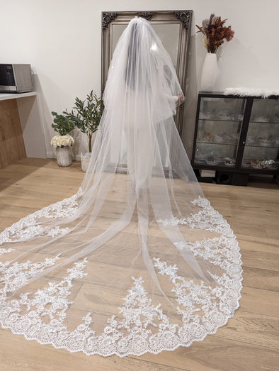 Kristy - Sequined  Lace Wedding Cathedral Veil, Royal Cathedral Length Wedding Veil, Two Tier Lace Veil, Cathedral lace Veil