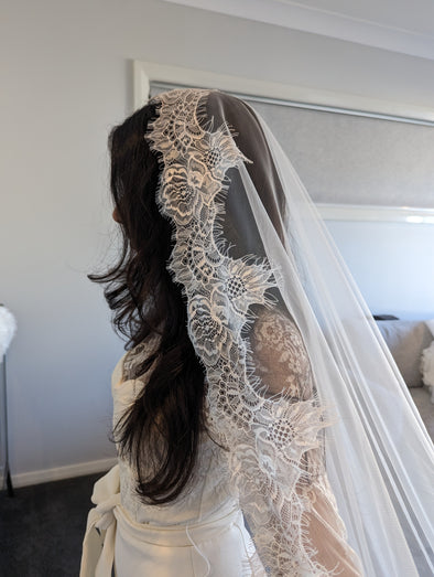 ASHLEY - Alencon/French lace Mantilla Wedding Veil, Cathedral Alencon/French lace Mantilla Wedding Veil,  1 tier cathedral Mantilla Lace Veil,Lace Mantilla Bridal Veil in Cathedral (Copy)