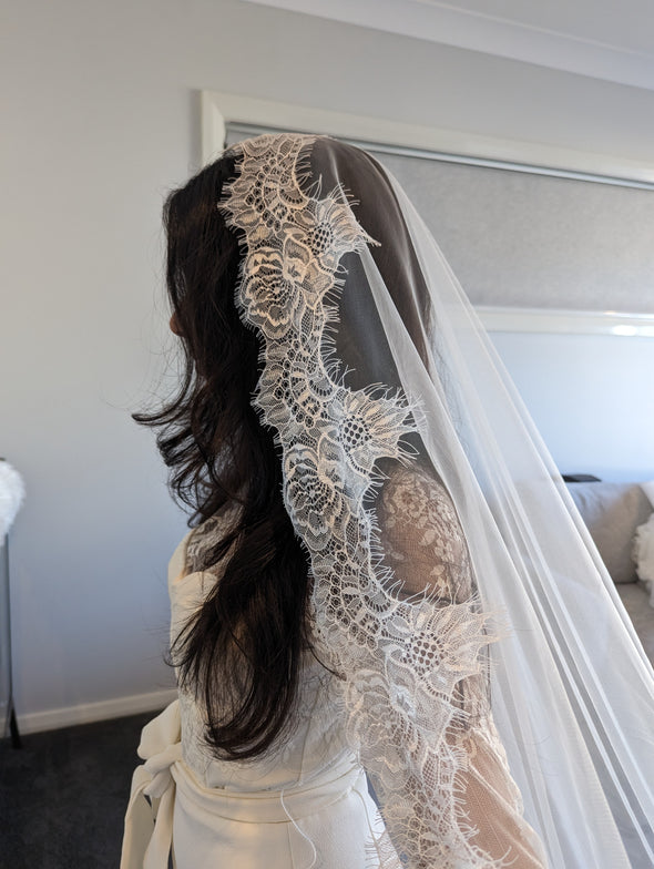 ASHLEY - Alencon/French lace Mantilla Wedding Veil, Cathedral Alencon/French lace Mantilla Wedding Veil,  1 tier cathedral Mantilla Lace Veil,Lace Mantilla Bridal Veil in Cathedral (Copy)