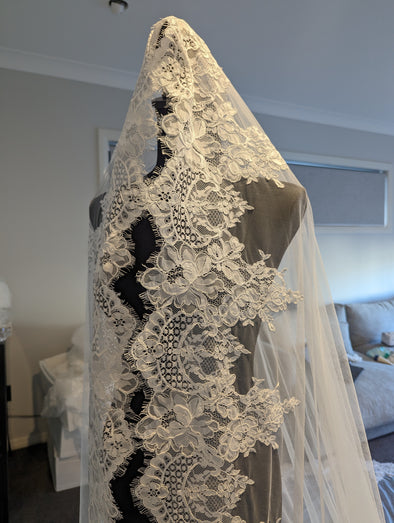 Amber - Alencon/French lace Mantilla Wedding Veil, Cathedral Alencon/French lace Mantilla Wedding Veil,  1 tier cathedral Mantilla Lace Veil,Lace Mantilla Bridal Veil in Cathedral