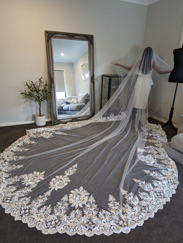 OLGA - Lace Wedding Veil, Royal Cathedral Length Wedding Veil, Detailed Floral Lace Bridal Veil