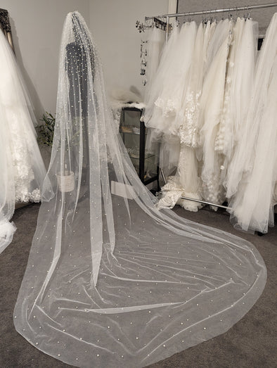 KERRIE-Pearl Embellished Bridal Veil | Cathedral Wedding Veil