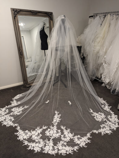Stella - Scalloped Lace Wedding Veil, Royal Cathedral Length Wedding Veil, Two Tier Floral Lace Veil with Clear sequins, Sequined Lace Veil, Cathedral lace Veil
