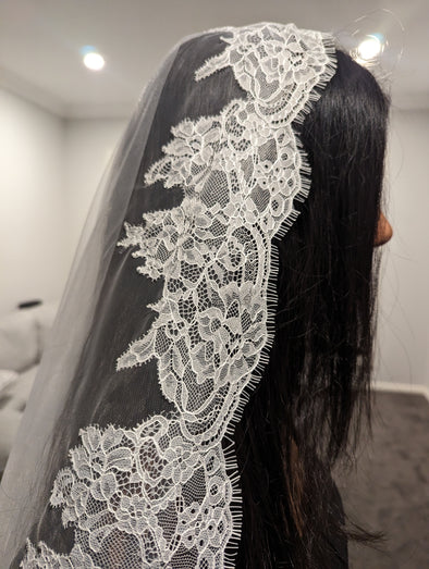 Luna - Alencon/French lace Mantilla Wedding Veil, Cathedral Alencon/French lace Mantilla Wedding Veil,  1 tier cathedral Mantilla Lace Veil,Lace Mantilla Bridal Veil in Cathedral