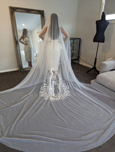 Divine Mother Mary Cathedral Embroidered Wedding Bridal Veil