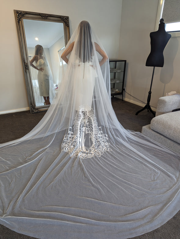 Divine Mother Mary Cathedral Embroidered Wedding Bridal Veil
