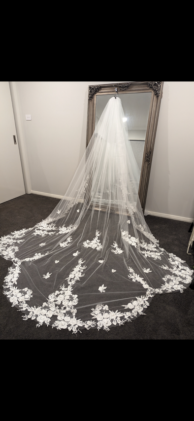 Elodie - Scalloped Lace Wedding Veil, Royal Cathedral Length Wedding Veil, Two Tier Floral Lace Veil with Clear sequins, Sequined Lace Veil