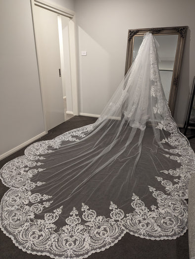 KRISSY - Lace Wedding Veil, Royal Cathedral Length Wedding Veil, Detailed Lace Bridal Veil