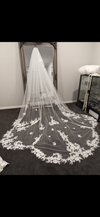 Elodie - Scalloped Lace Wedding Veil, Royal Cathedral Length Wedding Veil, Two Tier Floral Lace Veil with Clear sequins, Sequined Lace Veil