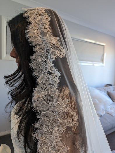 Hannah - Alencon/French lace Mantilla Wedding Veil, Cathedral Alencon/French lace Mantilla Wedding Veil,  1 tier cathedral Mantilla Lace Veil,Lace Mantilla Bridal Veil in Cathedral