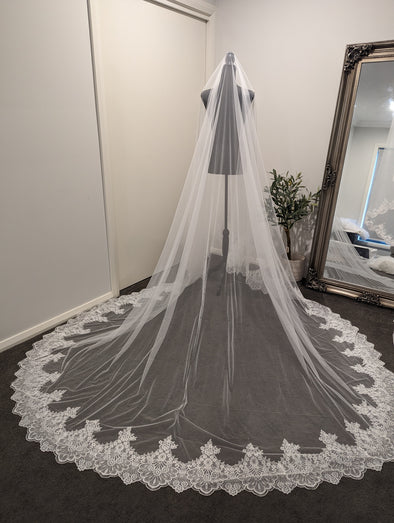 Tamar - Alencon/French lace Mantilla Wedding Veil, Cathedral Alencon/French lace Mantilla Wedding Veil,  1 tier cathedral Mantilla Lace Veil,Lace Mantilla Bridal Veil in Cathedral^