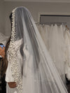 Tamica - Two-Tier Cathedral Veil with Face-Framing Pearls,Pearl Wedding Veil, Beaded Wedding Elegance, Available in Ivory or White, Pearl-Encrusted Chapel Bridal Veil, Luxurious Long Wedding Veil with Beadwork