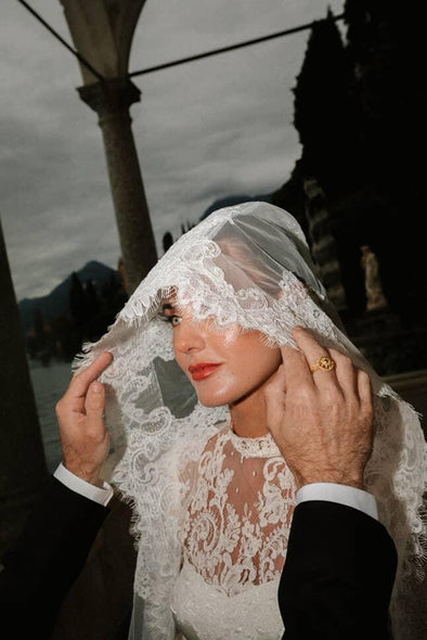 Miranda – Alençon French Lace Hooded Mantilla Cathedral Wedding Veil