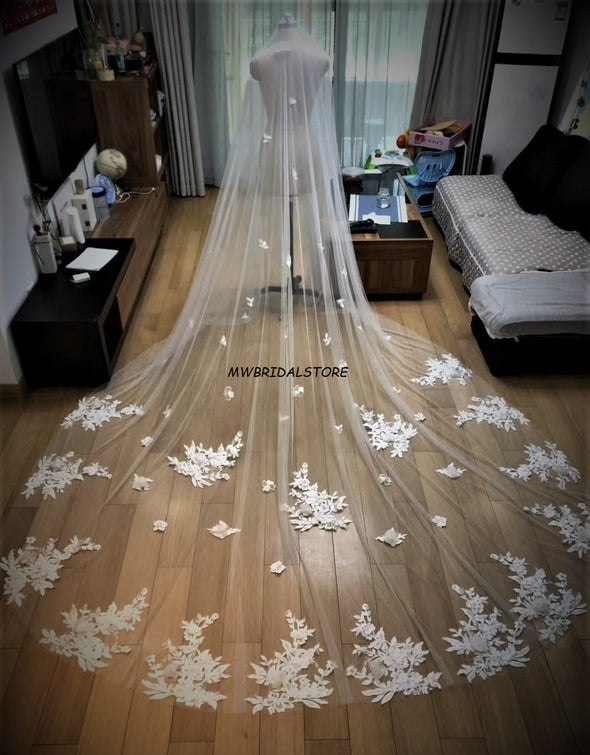 Flower leaf lace veil, 2 Tier Wedding cathedral veil, Custom veil, Floral 3D Wedding Veil - BRIE