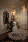 MARIAN -Mantilla Wedding Cathedral Veil, Lace Wedding Veil, 5 meter Royal Cathedral Length Wedding Veil, 7 meter Single Tier Floral Lace Veil, 10 meter Ivory Veil, Luxury 10m Cathedral lace Veil