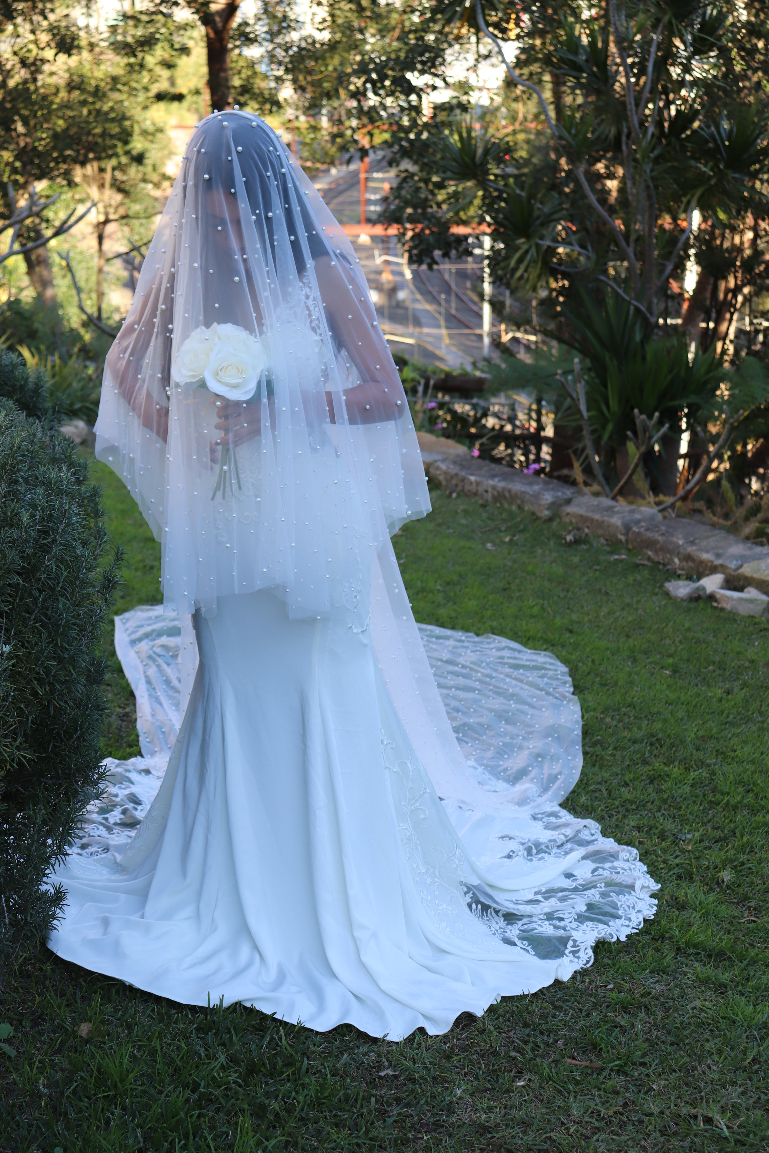 wedding veil with Pearls cathedral length 2 tier for bride