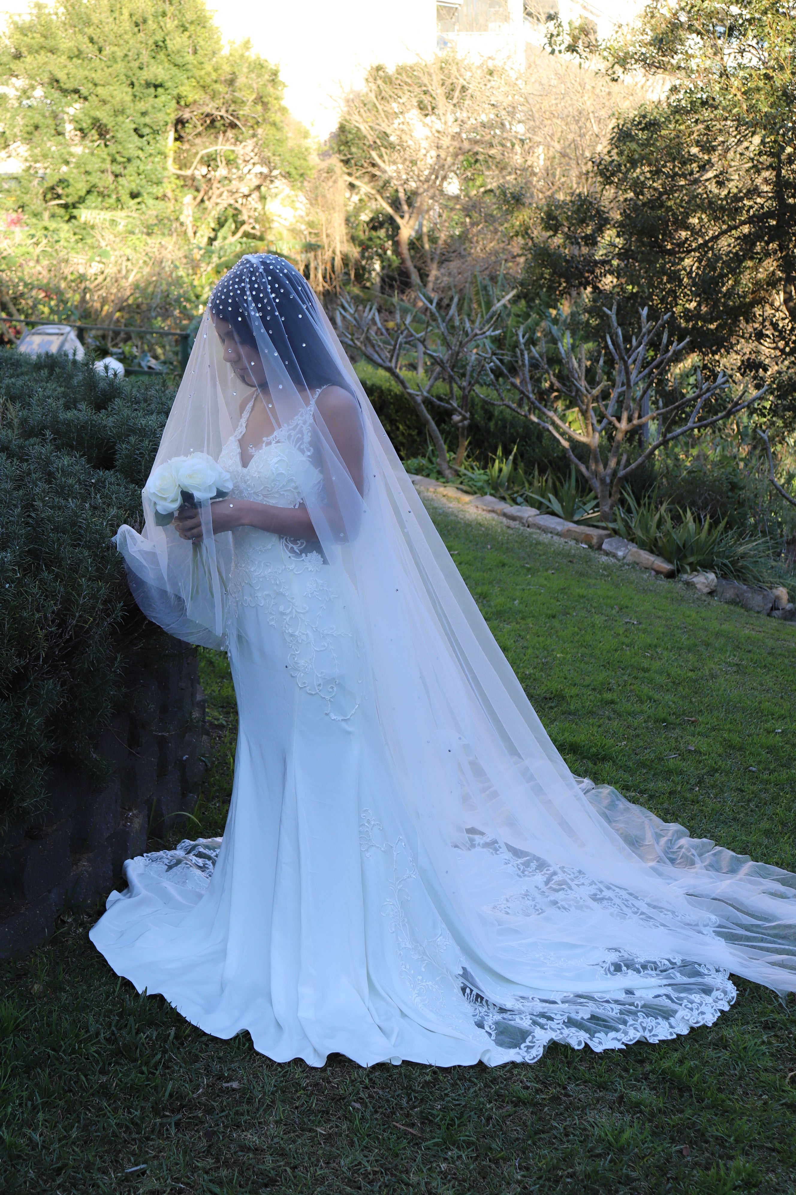 Pearl & Rhinestone Wedding Drop Veil Diamante Wedding Veil 
