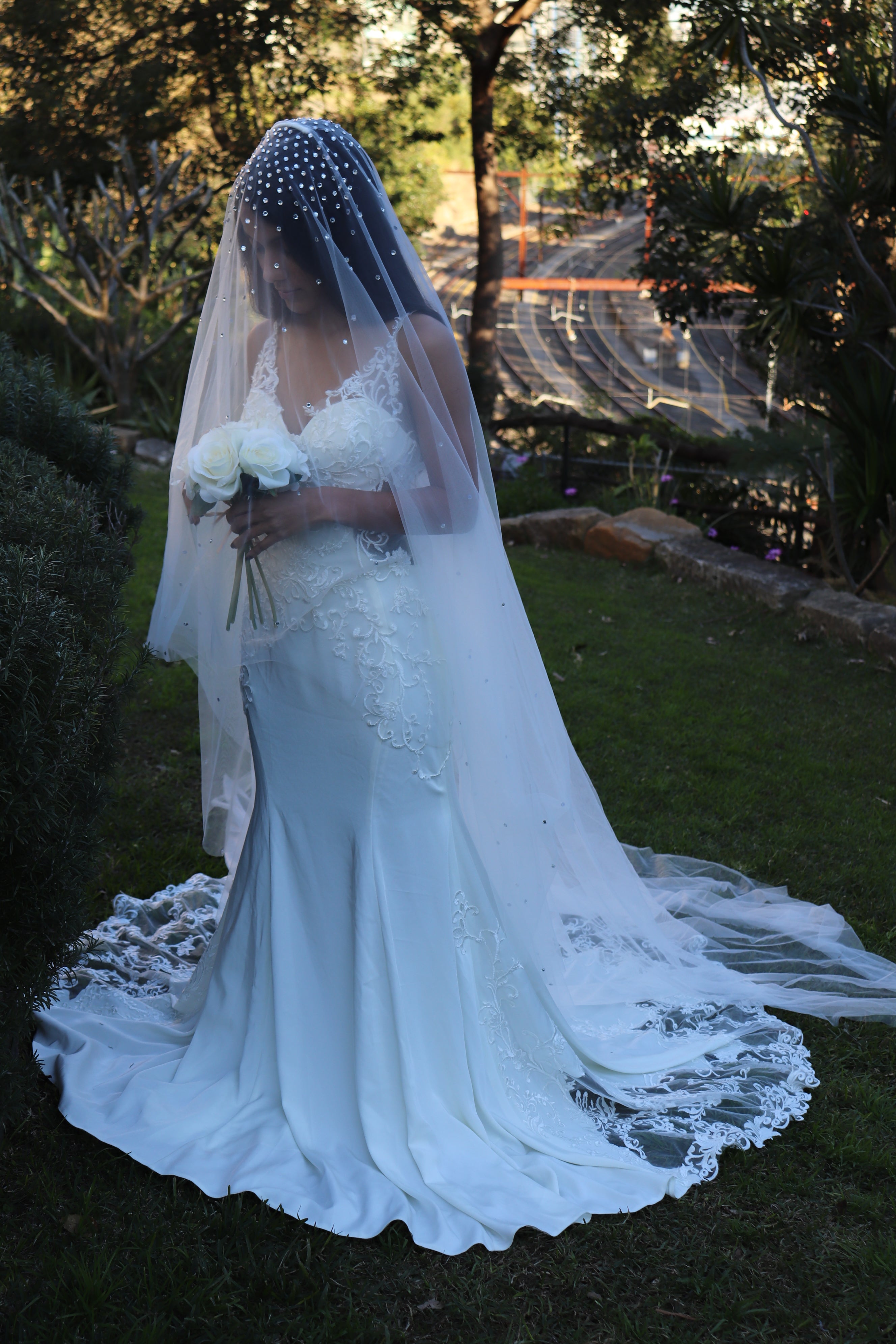 Isla - two layer floor length veil with a cut edge & scattered pearls