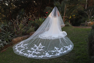 Lace Wedding Cathedral Veil, Ivory/ White Lace Cathedral Wedding Veil, Chapel Wedding Veil, Bridal Veil, Long Wedding Veil, White Wedding Veil, , WEDDING FLORAL LACE VEIL, FIONA