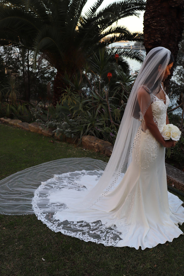 IRENE Rhinestone Veil, Ivory/ White Cathedral Wedding Veil with Crystals, Chapel Wedding Veil, Bridal Veil, Long Wedding Veil, White Wedding Veil, Cathedral Veil with rhinestones, Rhinestone Edge Cathedral Wedding Veil