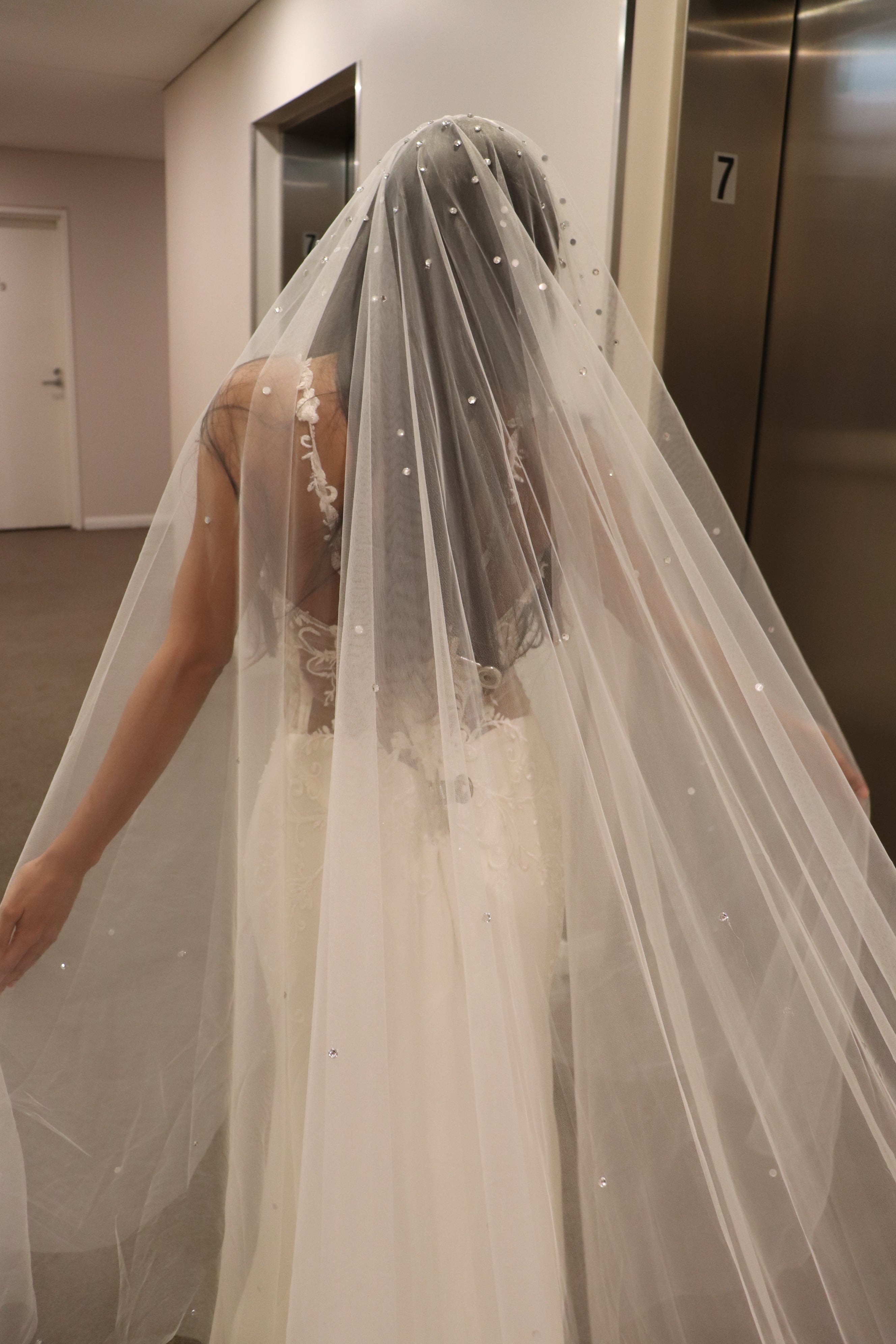 Rhinestone-Scattered Tulle Cathedral-Length Veil