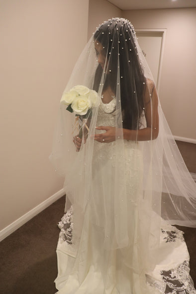 ANDREA Pearl Wedding Veil, Pearl Embellished Drop Cathedral Veil, Crystal Wedding Veil
