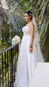 Silver bridal tiara with rhinestone detailing.