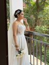 Silver bridal tiara with rhinestone detailing.
