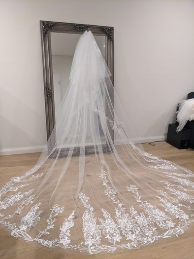 Lace Wedding Cathedral Veil, Royal Cathedral Length Wedding Veil, Two Tier Floral Lace Veil, 3 meter Ivory Veil, Cathedral lace Veil TISHA