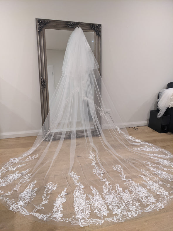 Lace Wedding Cathedral Veil, Royal Cathedral Length Wedding Veil, Two Tier Floral Lace Veil, 3 meter Ivory Veil, Cathedral lace Veil TISHA