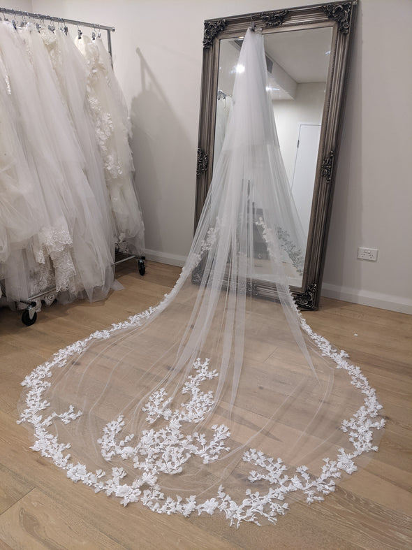 Ready to Ship Veil (Rush Order) - Cathedral veil, Floral wedding veil | Two Tier Floral Lace Veil | Ivory Petal Flower Tulle Wedding Veil | Cathedral Wedding Veil- KIANA