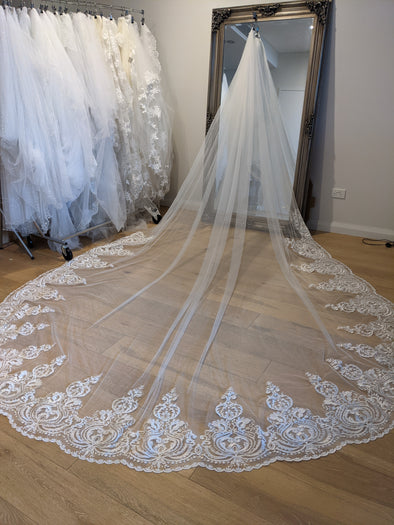 Ivory, White Bridal Veil, Sequined Lace Veil, Cathrdral Length Bridal Veil, Cathedral Length Lace Sequined Veil, Floor Length Wedding Veil, Tulle Wedding -  ELLIA