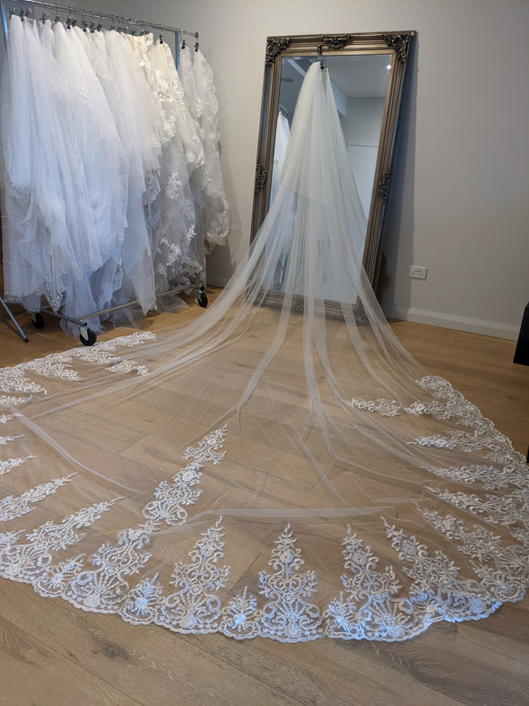 Rebecca two-tier cathedral-length wedding veil with floral lace trim