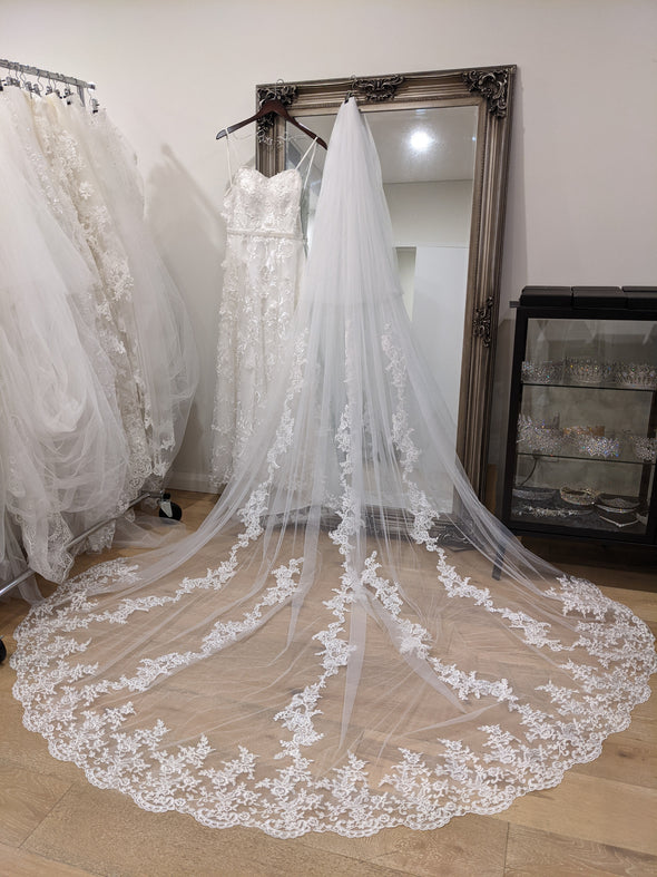 ELLISE - Floral Lace Cathedral Wedding Veil, Bridal Cathedral veil with Comb, Two tier Wedding Veil, Wedding Drop style Veil