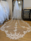 "Close-up of a delicate lace veil with sequins. The veil features intricate floral patterns and a touch of sparkle from the sequins."