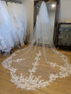 CECILIA - Scalloped Lace Wedding Veil, Royal Cathedral Length Wedding Veil, Two Tier Floral Lace Veil with Clear sequins, Sequined Lace Veil, Cathedral lace Veil