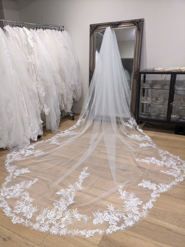 SHAY - Scalloped Lace Wedding Cathedral Veil, Lace Wedding Veil, Two Tier Floral Lace Veil with Clear sequins, Sequined Lace Veil, Cathedral lace Veil